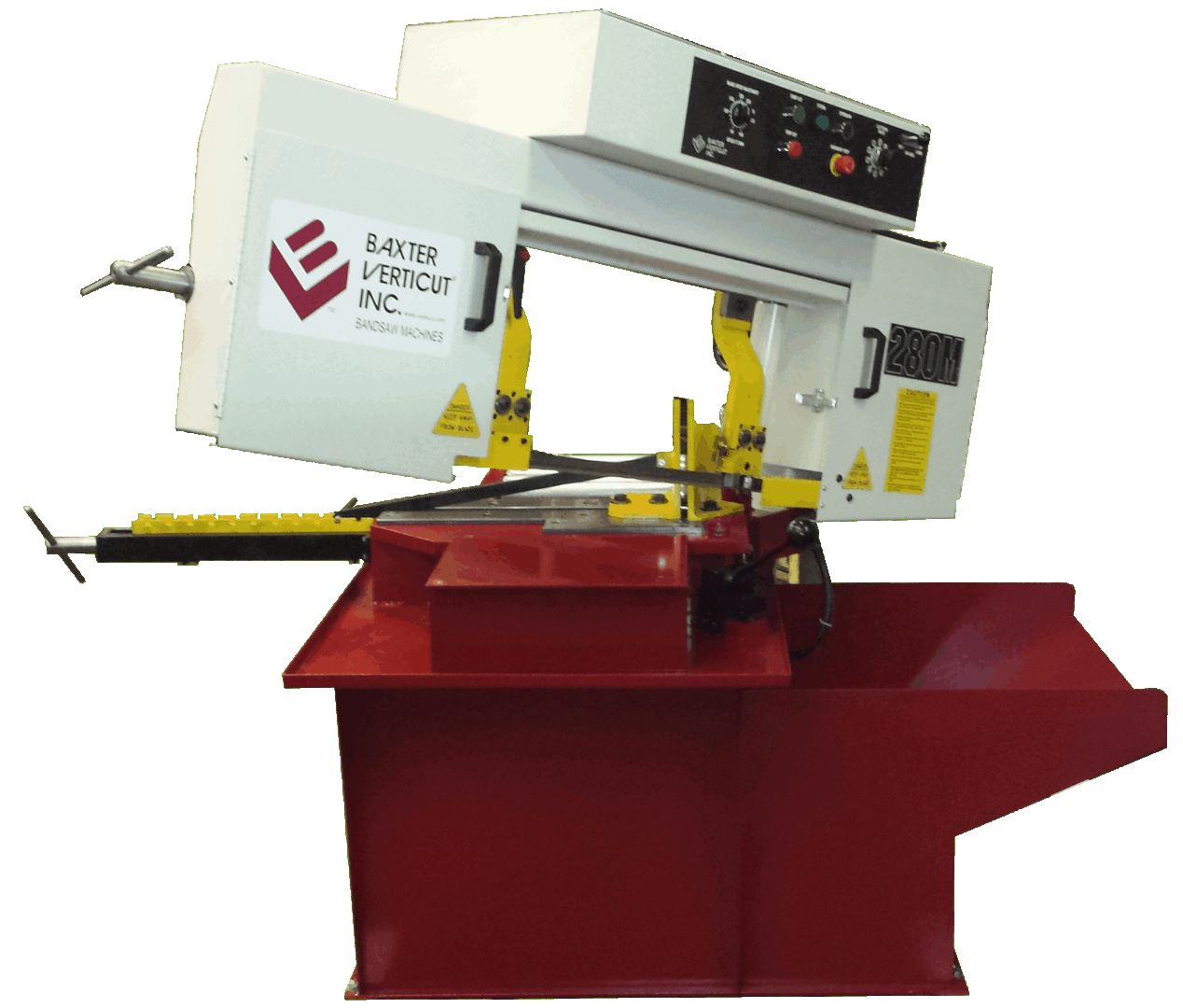 A band saw with a red background