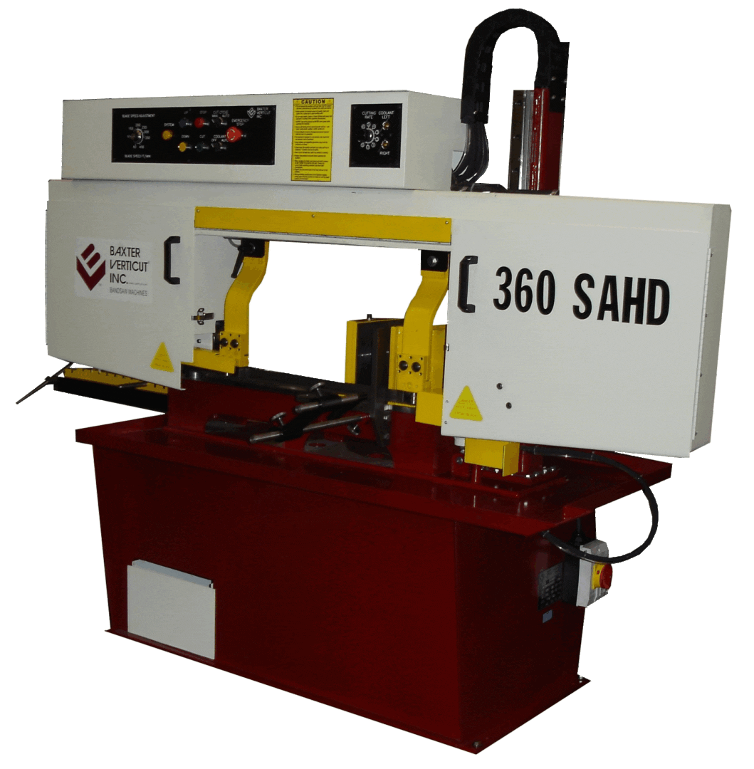 A band saw with a large red and yellow handle.