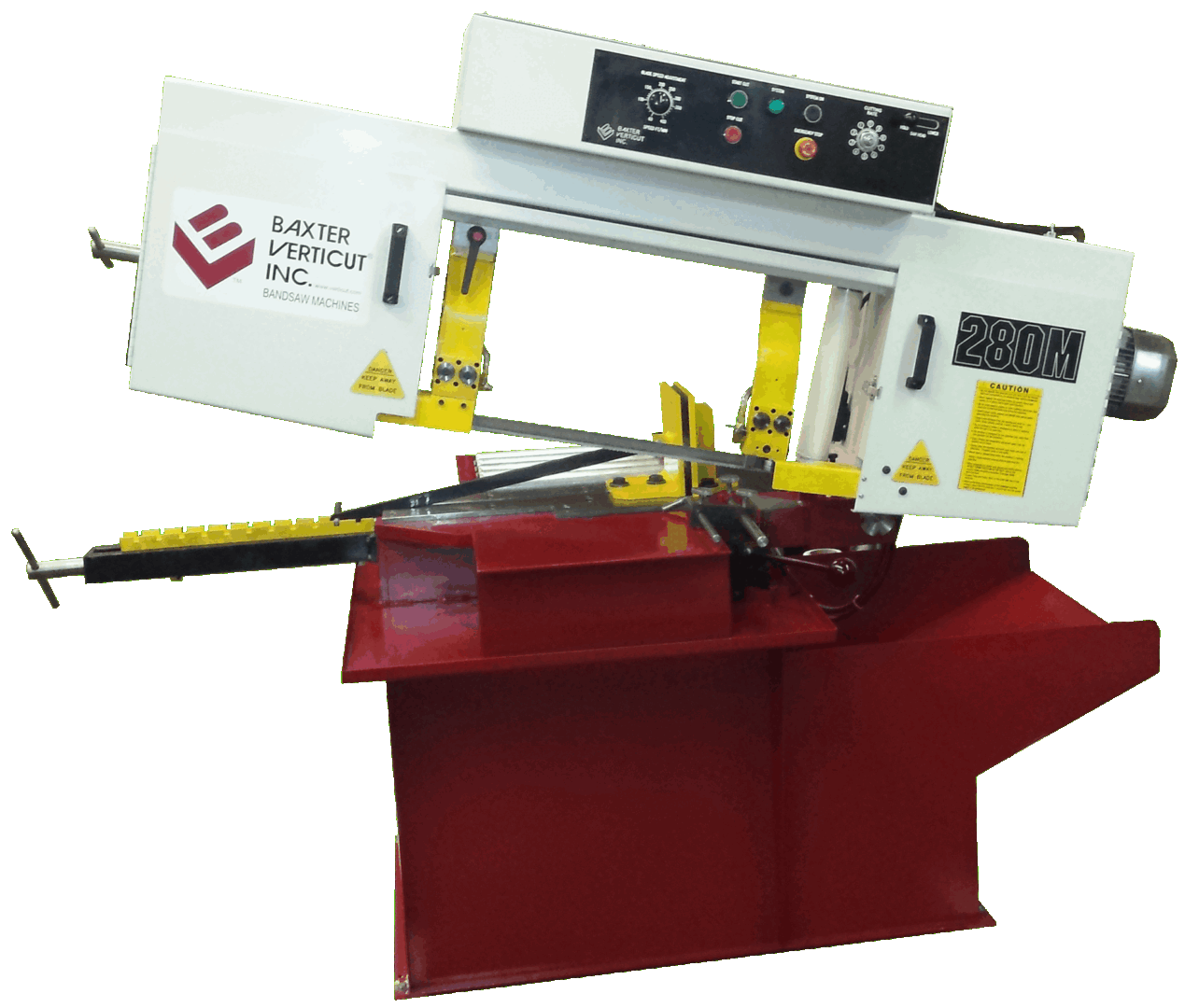 A band saw with a red background